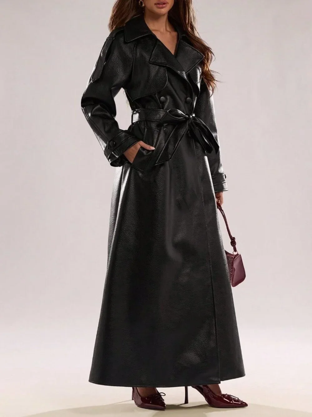 Black Women's Casual Women's Lapel Neck Pocket Belted Trench coat - Picture 6 of 7